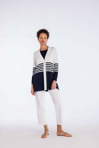 Striped viscose-blend knit long cardigan